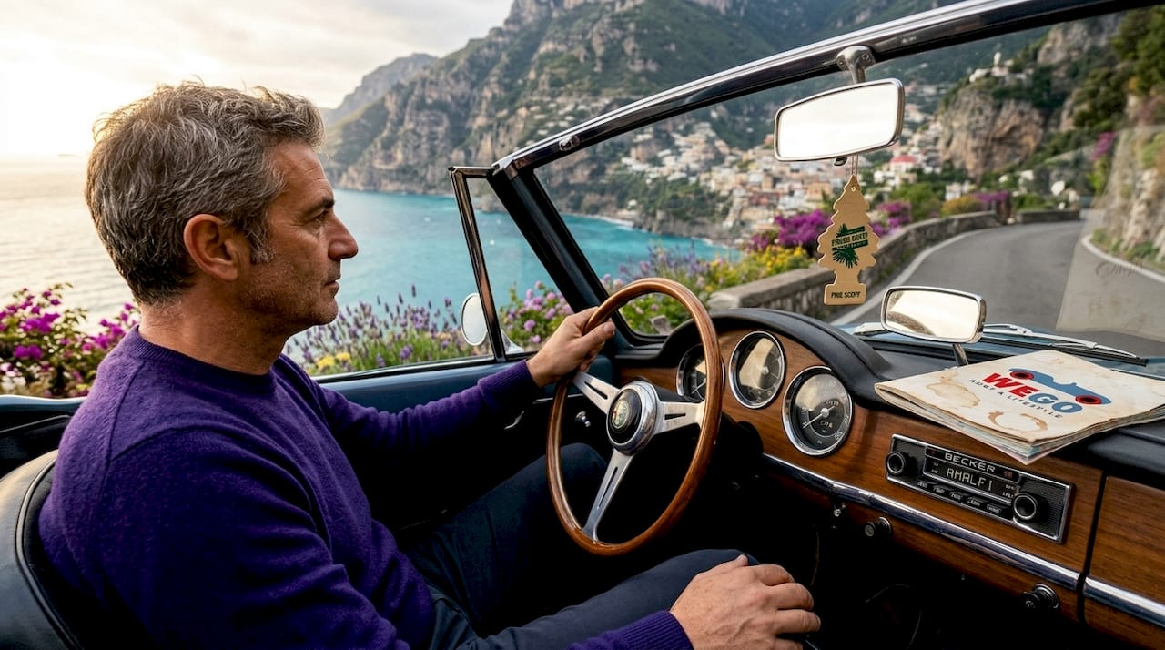 Driver on Amalfi Coast road in classic convertible