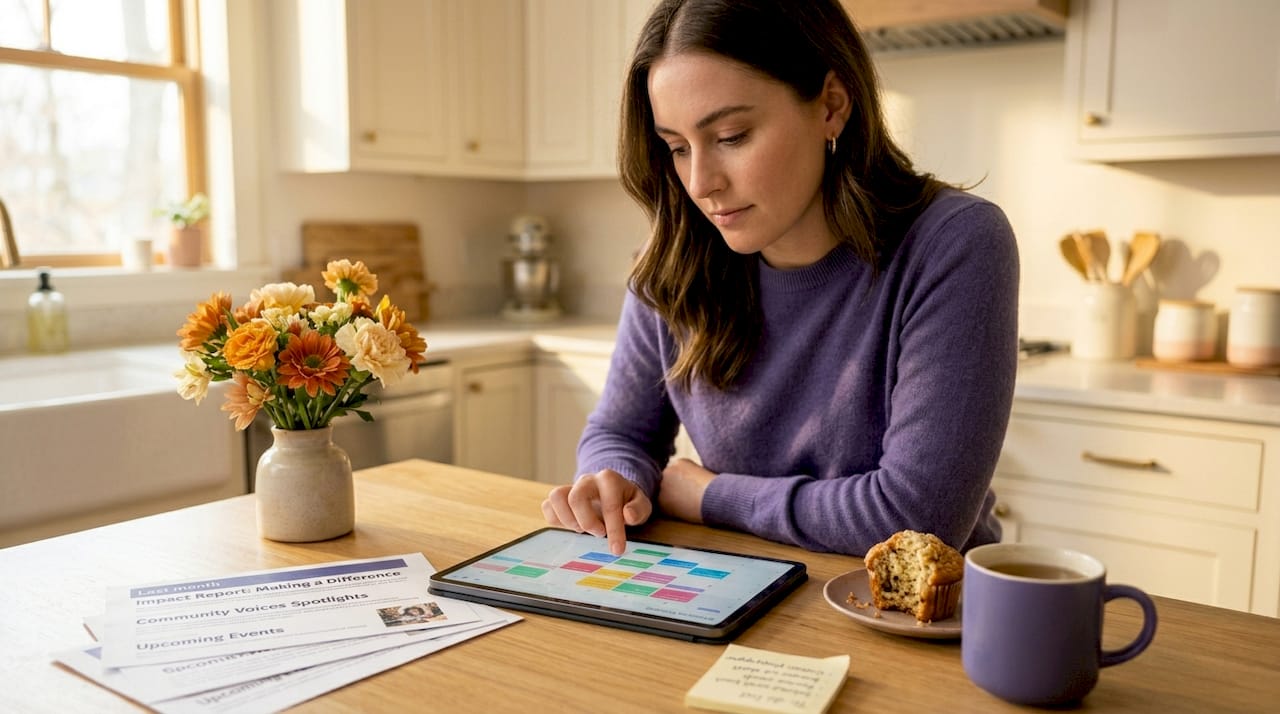 Manager reviews nonprofit editorial calendar at table