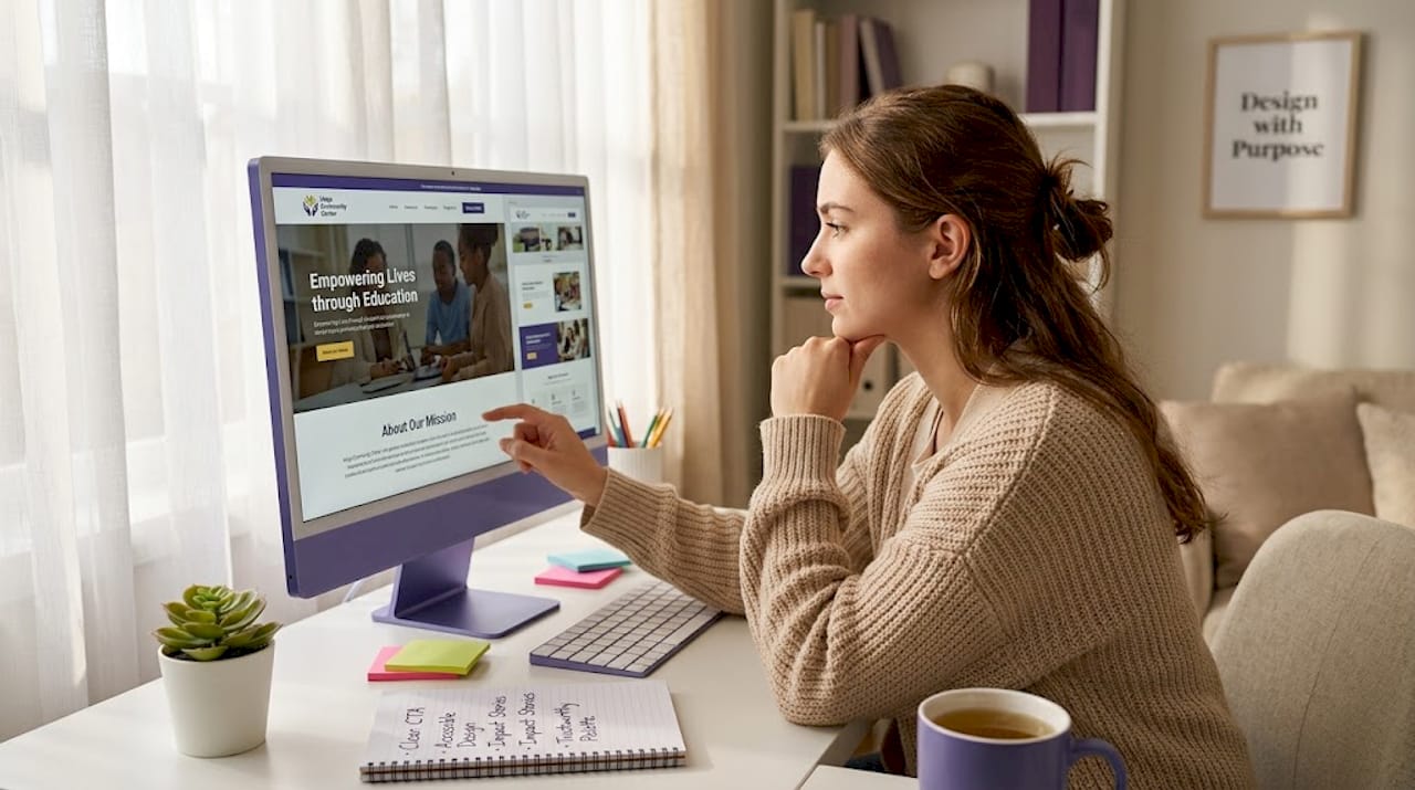 Web designer editing nonprofit mission webpage