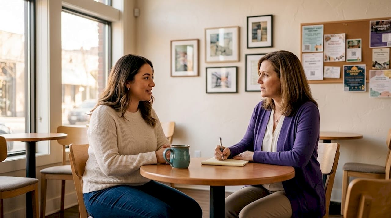 Participant shares story with nonprofit caseworker