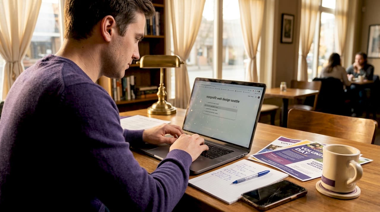 Man researching local nonprofit SEO at kitchen table
