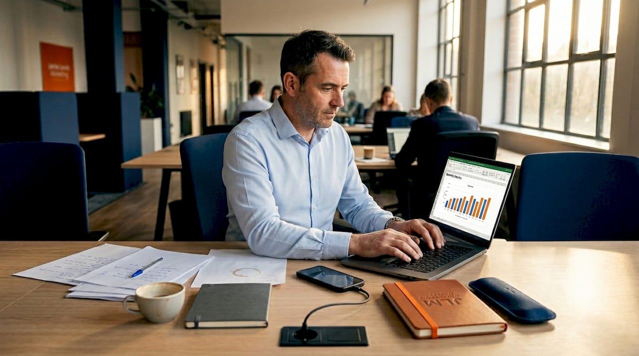 Man tracking monthly enquiries in workspace