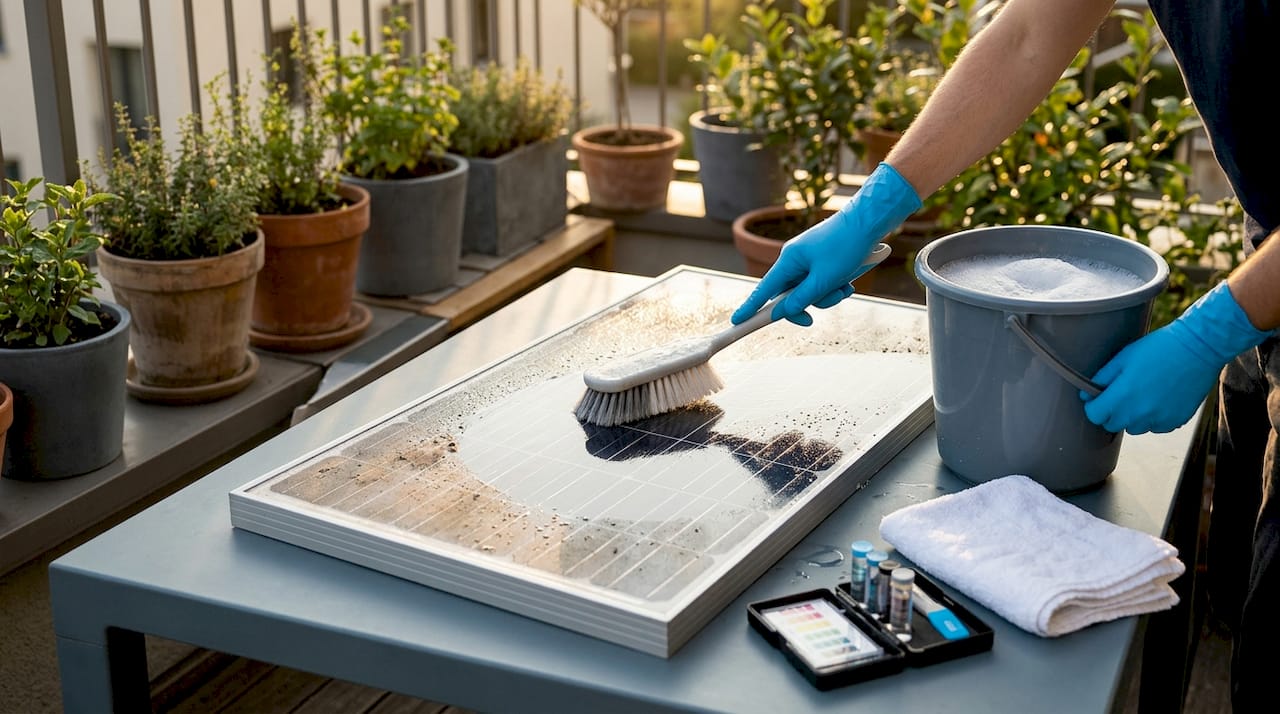 Hands using soft brush to clean solar panel