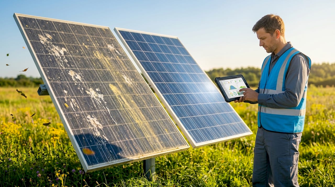 Side-by-side dirty and clean solar panels outdoors