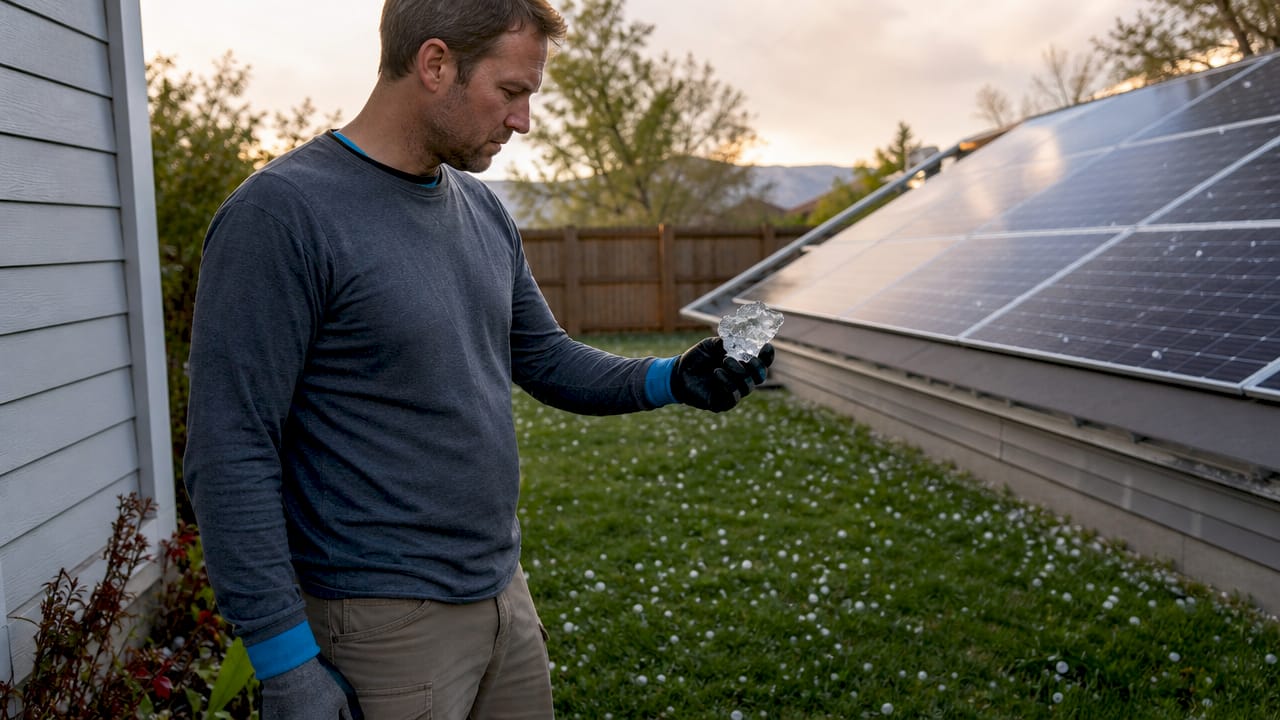 Close-up of hail-damaged solar panel shard outdoors