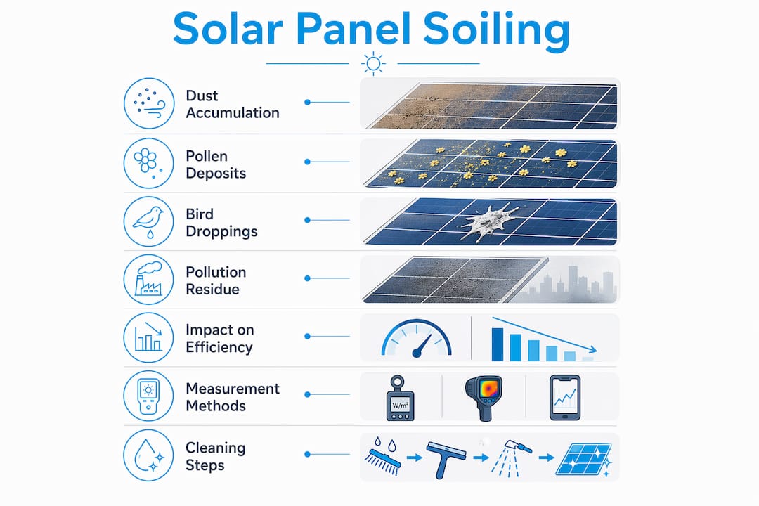Infographic outlining types of solar soiling and mitigation steps