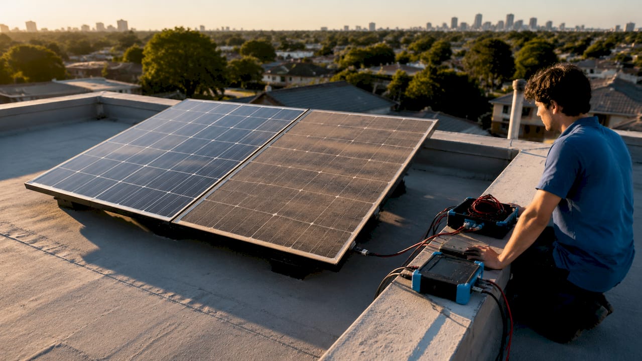 Side-by-side clean and dusty solar panels with measuring tools
