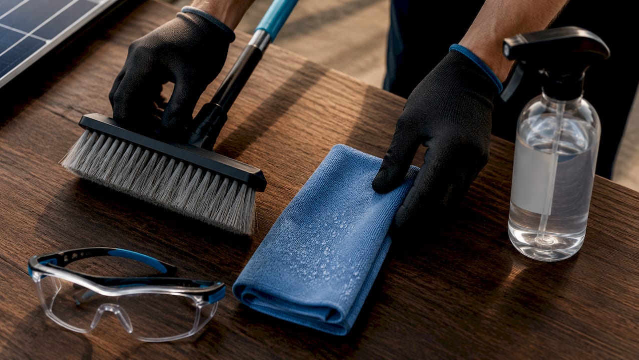 Cleaning tools arranged on workbench for solar panels