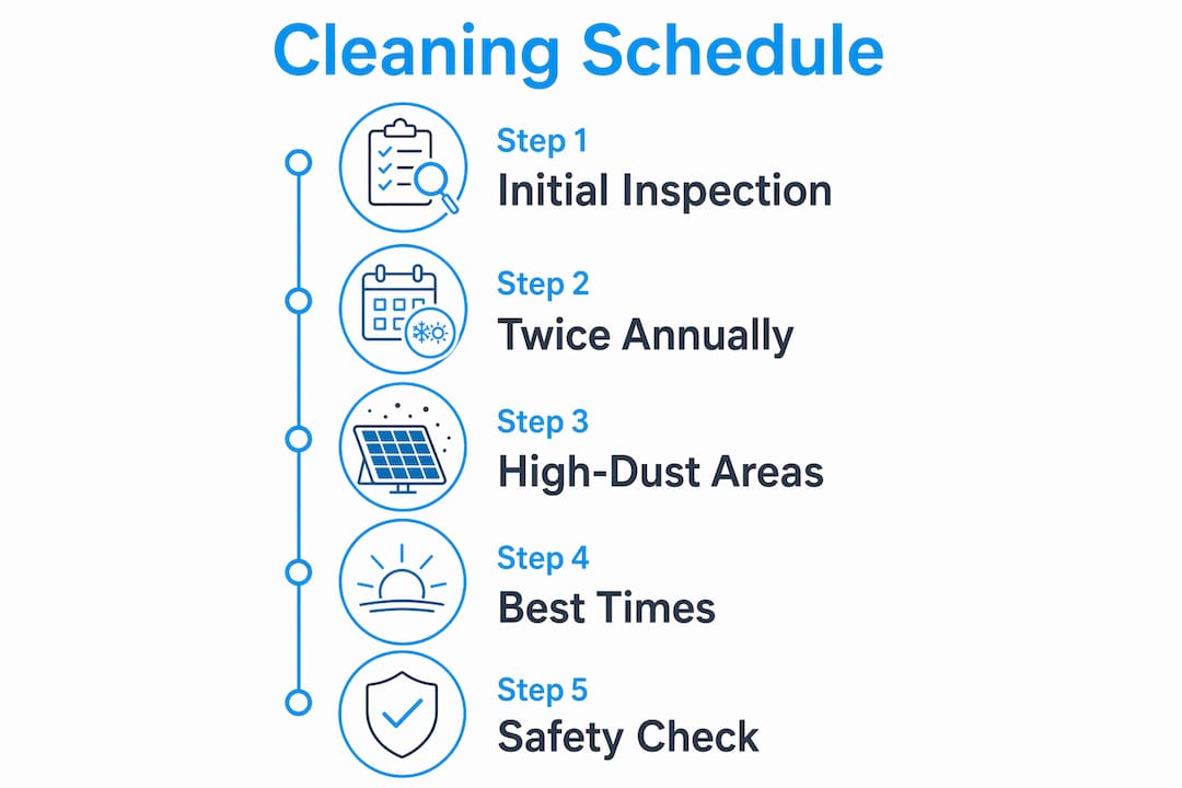 Infographic showing solar panel cleaning schedule steps