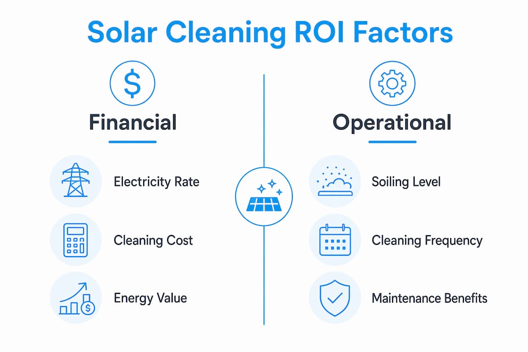Infographic comparing financial and operational factors influencing solar cleaning ROI