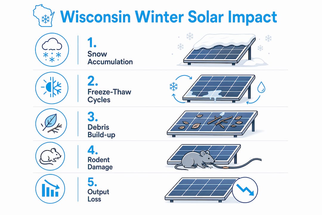 Infographic showing stages of winter damage to solar panels in Wisconsin