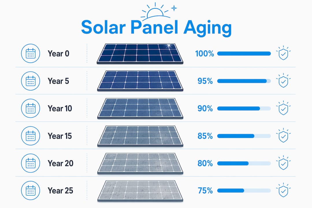 Infographic showing solar panel performance stages over years