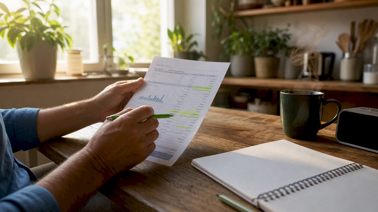 Hands highlighting utility bill with solar savings figures