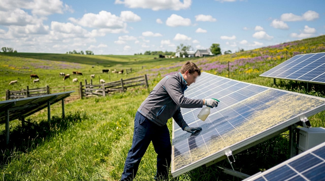 Close-up of pollen on farm solar panel being misted