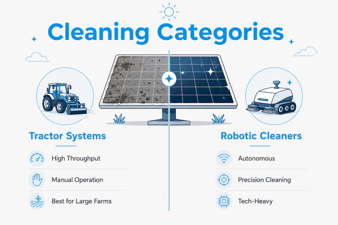Infographic comparing solar cleaning equipment categories