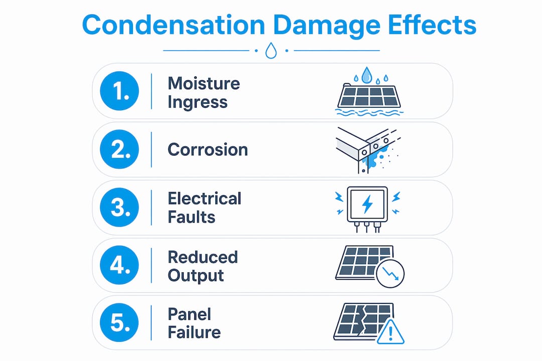 Infographic illustrating stages of solar panel condensation damage impact