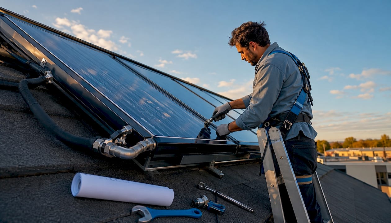 Technician adjusting hybrid PV thermal panel on rooftop