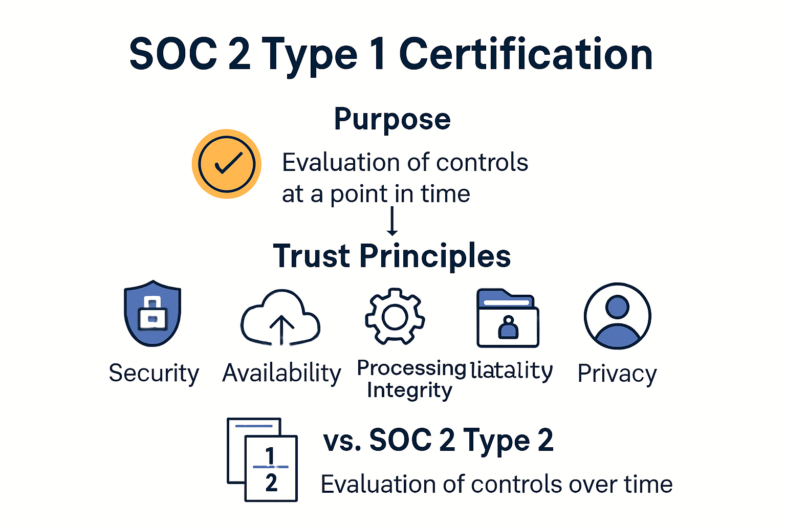 SOC 2 Type 1 overview infographic: purpose, trust principles, comparison with Type 2