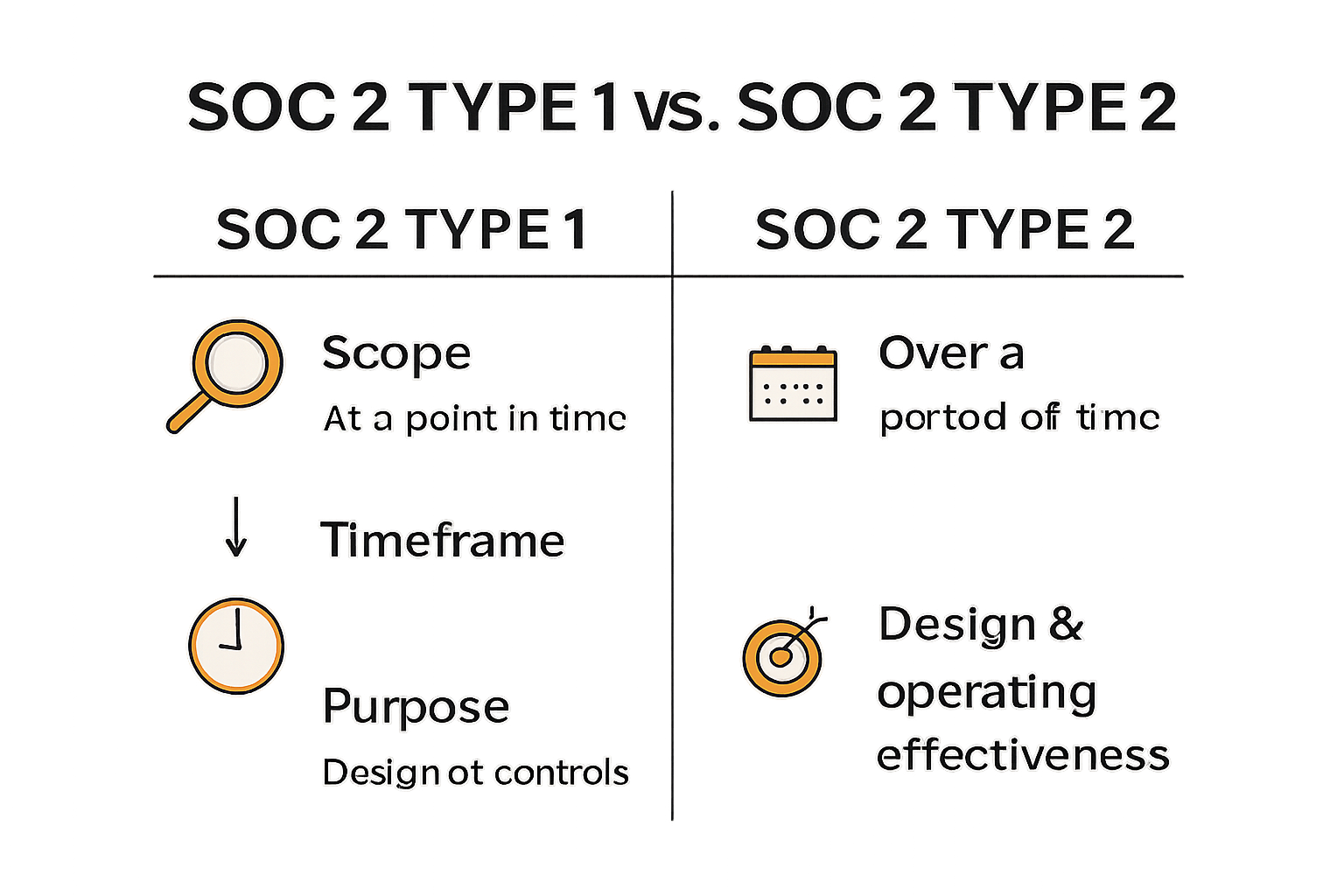 Infographic comparing SOC 2 Type 1 and Type 2 reports.