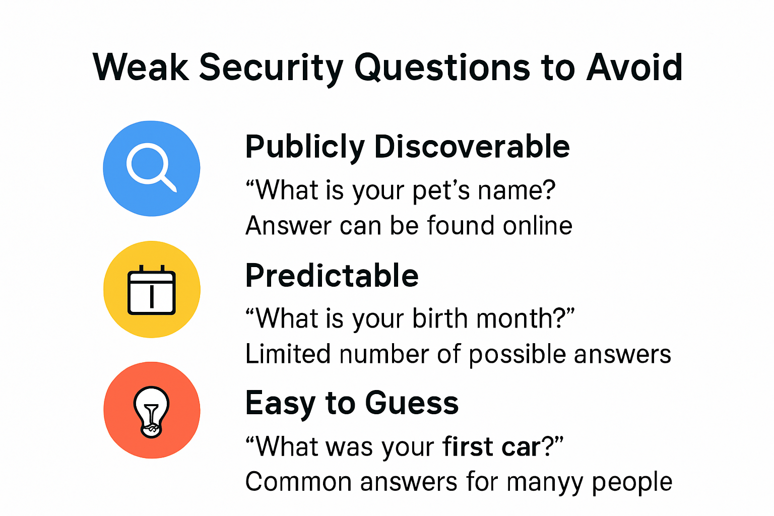 Examples of weak security questions and why to avoid them infographic