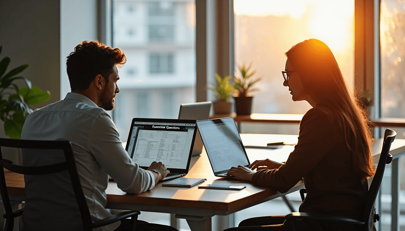 Two professionals discussing vendor assessment checklist on laptop