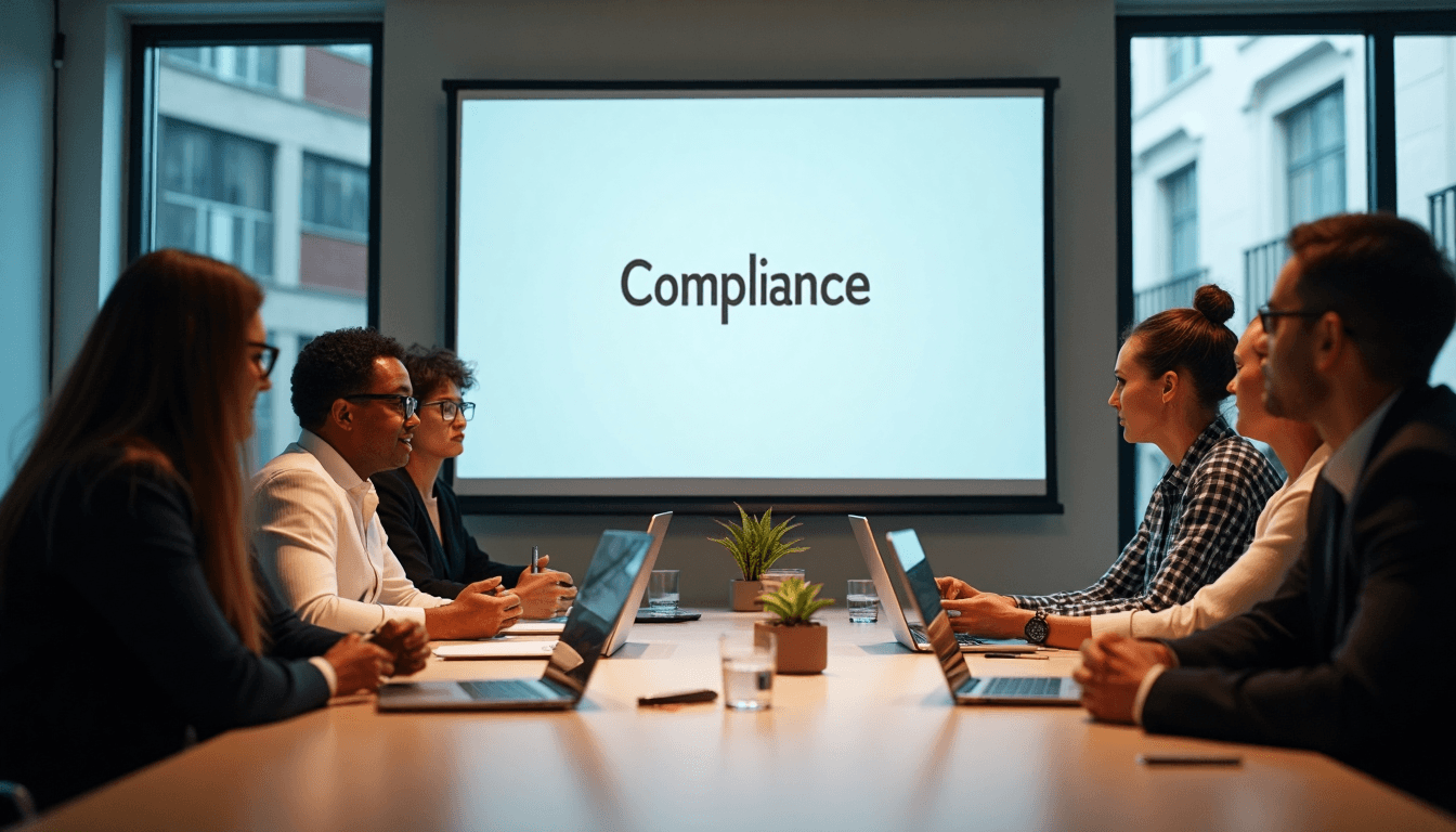 Team in conference room reviews compliance logo slide