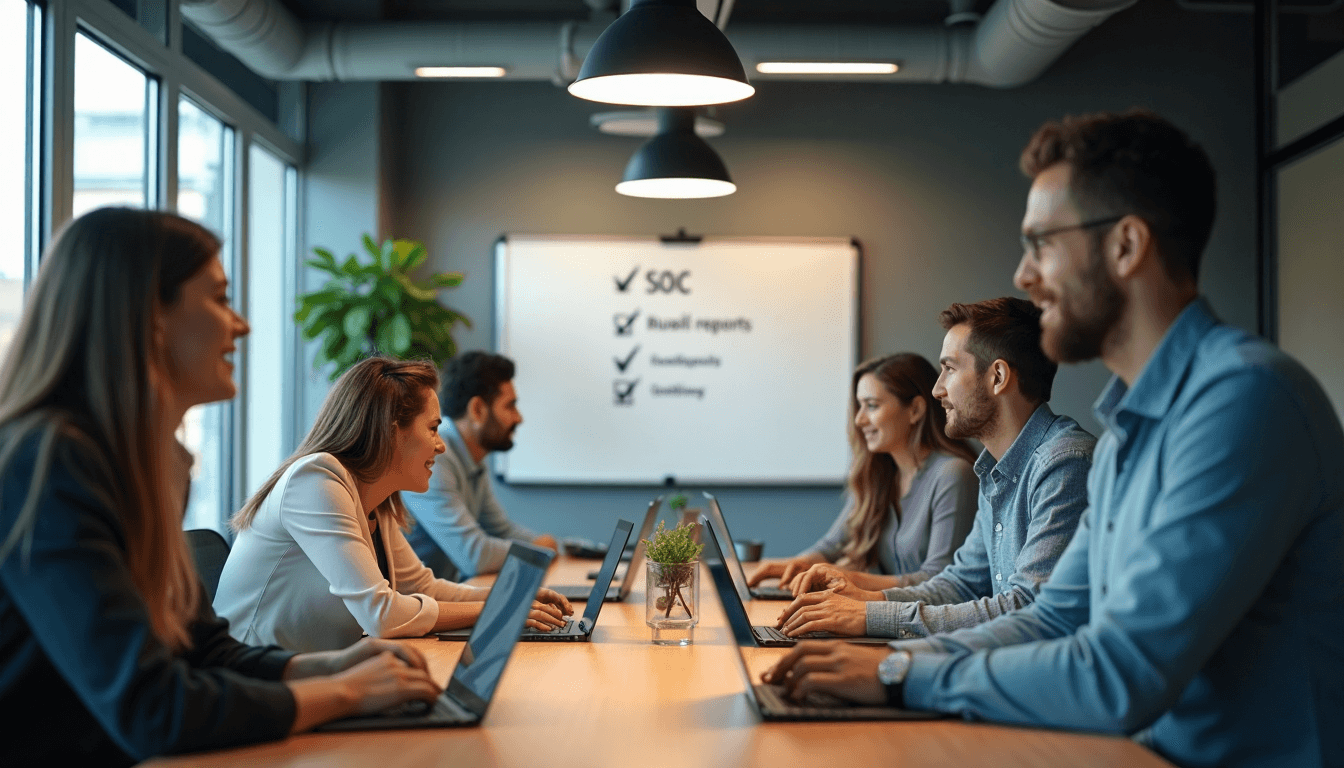 Team discussing SOC reports in bright tech company workspace with digital checklist display