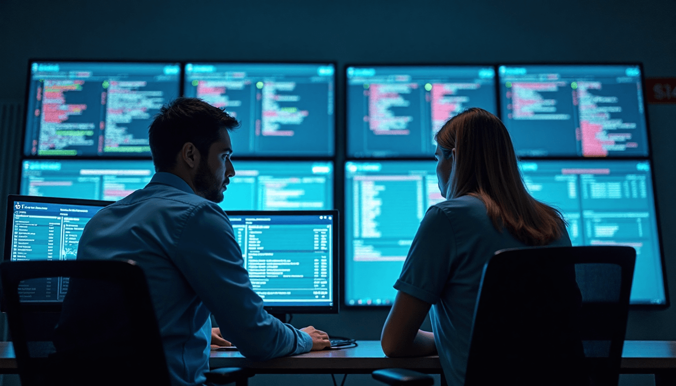 Security analysts reviewing access control screens in IT operations room