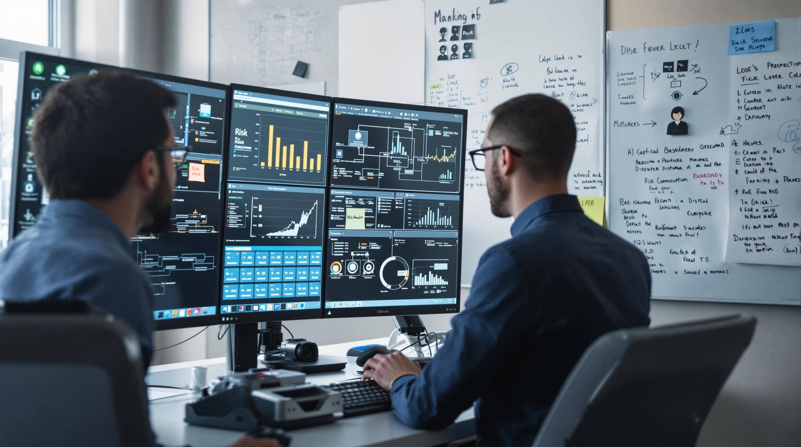 IT analysts performing risk assessment in modern security operations center