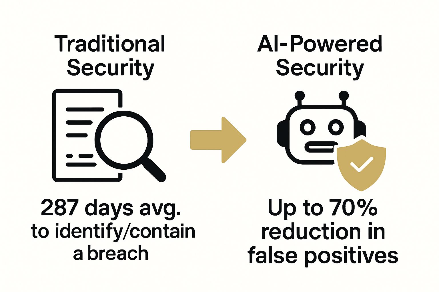 Infographic comparing breach detection speed and accuracy: traditional security vs. AI-powered security.