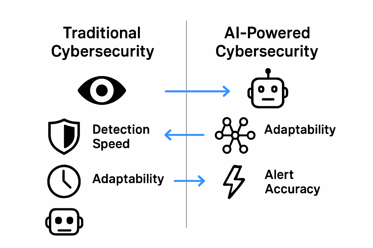 Infographic comparing traditional and AI-powered cybersecurity on detection speed, adaptability, and accuracy.