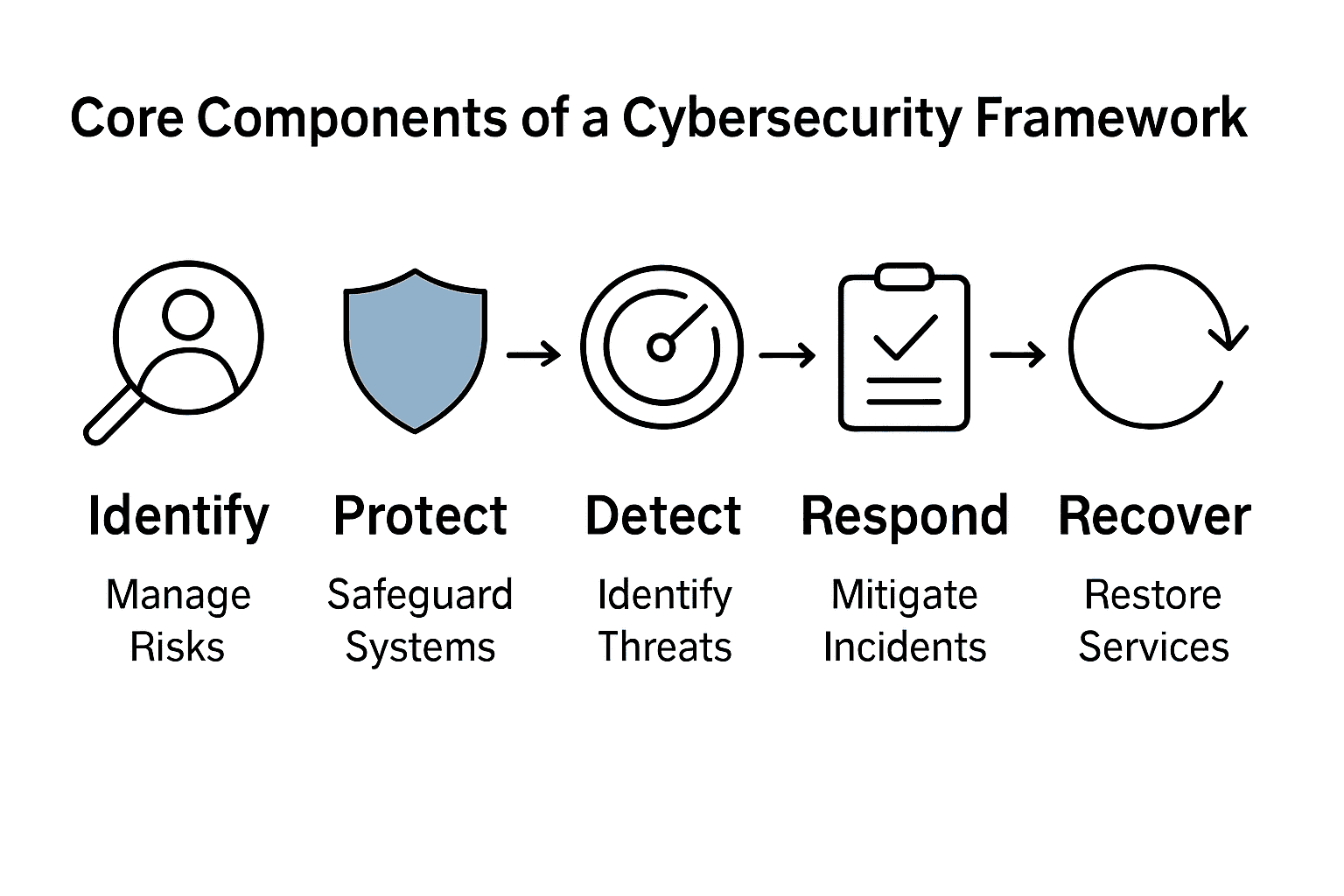 Infographic showing five core cybersecurity framework components with icons and arrows