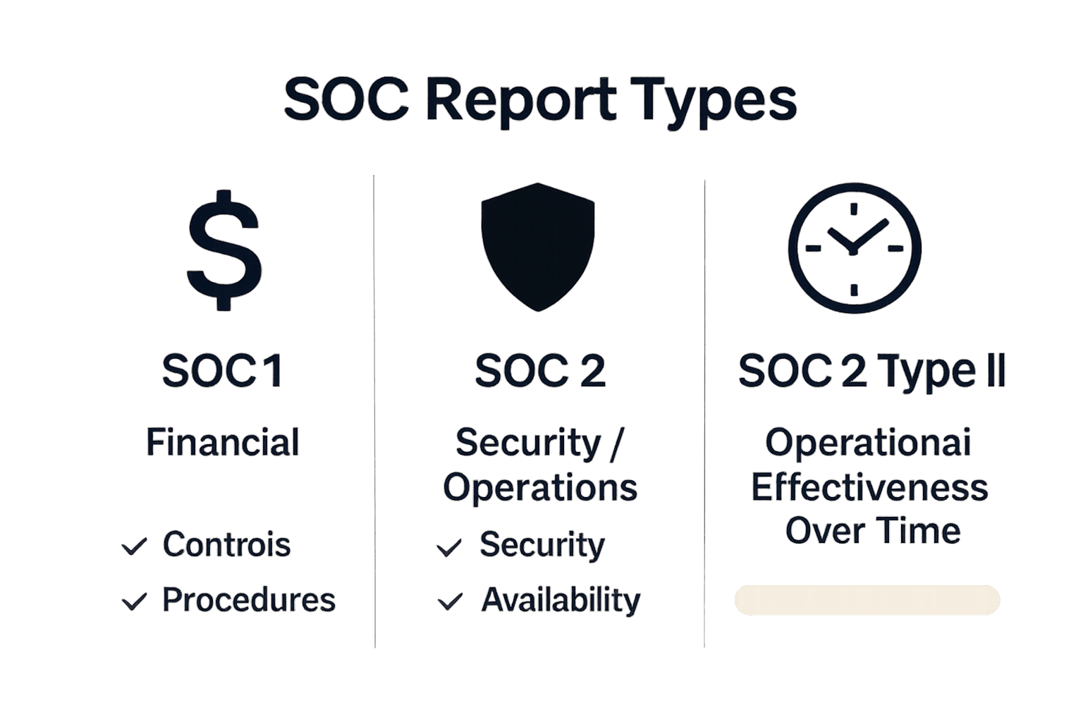 Infographic comparing SOC 1, SOC 2, and SOC Type II features