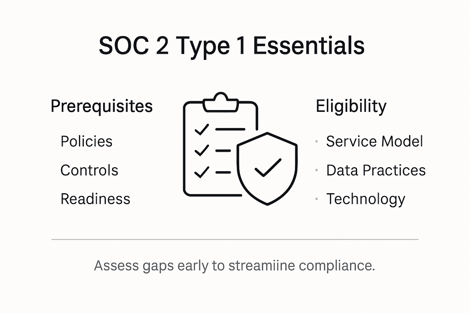 Infographic showing SOC 2 Type 1 requirements and eligibility