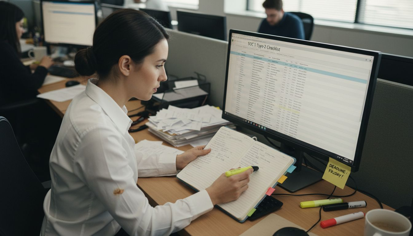 Auditor reviews SOC 1 controls checklist at desk