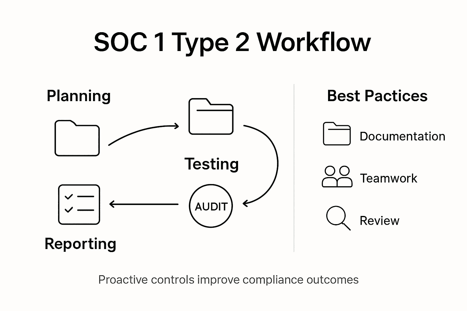 Infographic showing SOC 1 Type 2 workflow steps