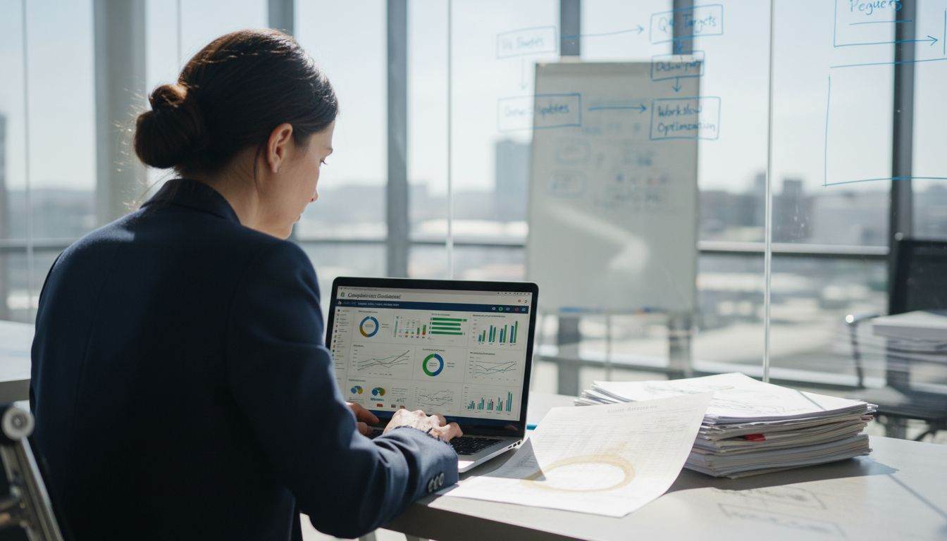 Woman reviewing compliance platform dashboard