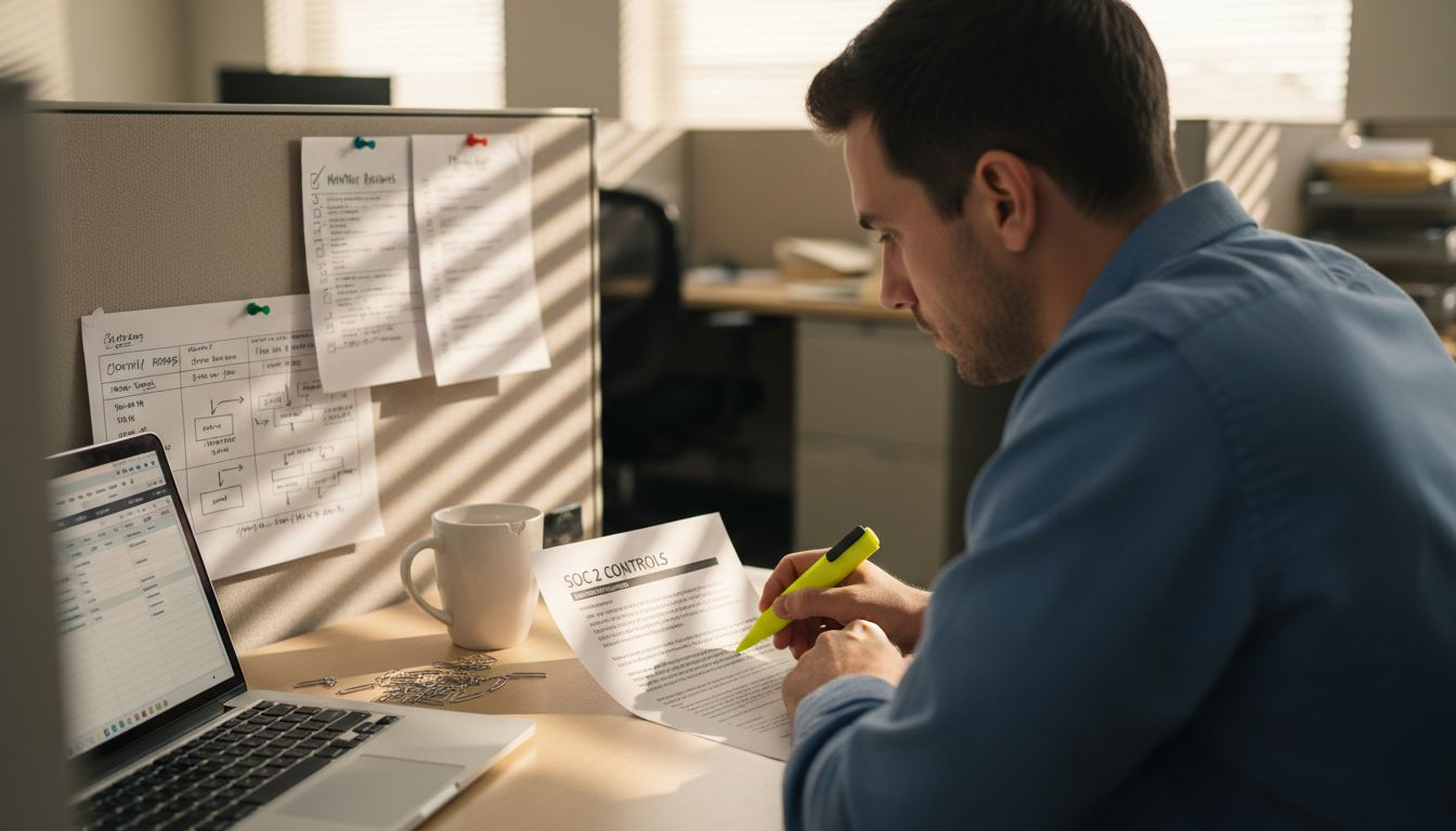 Compliance analyst highlighting SOC 2 controls