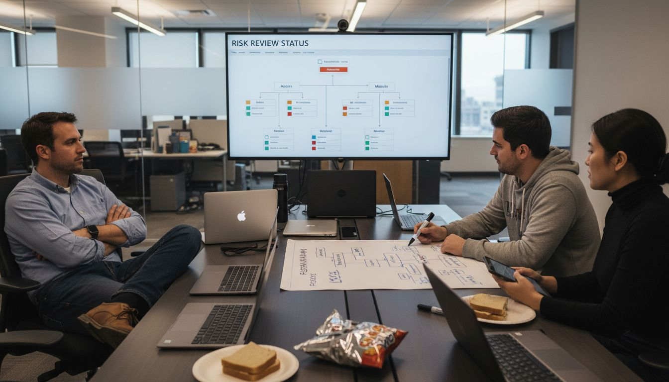 Team meeting reviewing risk platform status