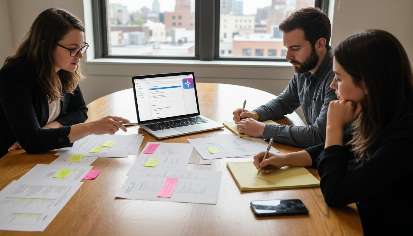 Team discussing SOC 2 trust criteria at table