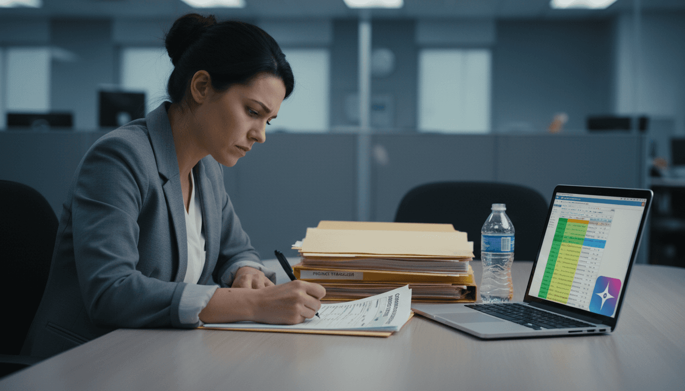 Woman completing vendor risk paperwork at conference table