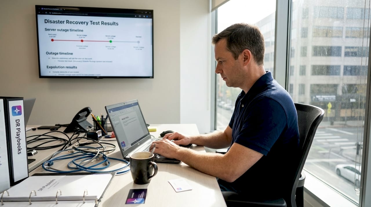 IT specialist monitors disaster recovery status