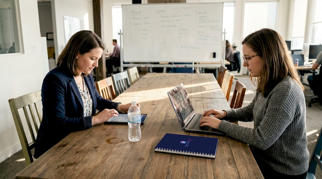 Colleagues discussing efficiency at meeting table