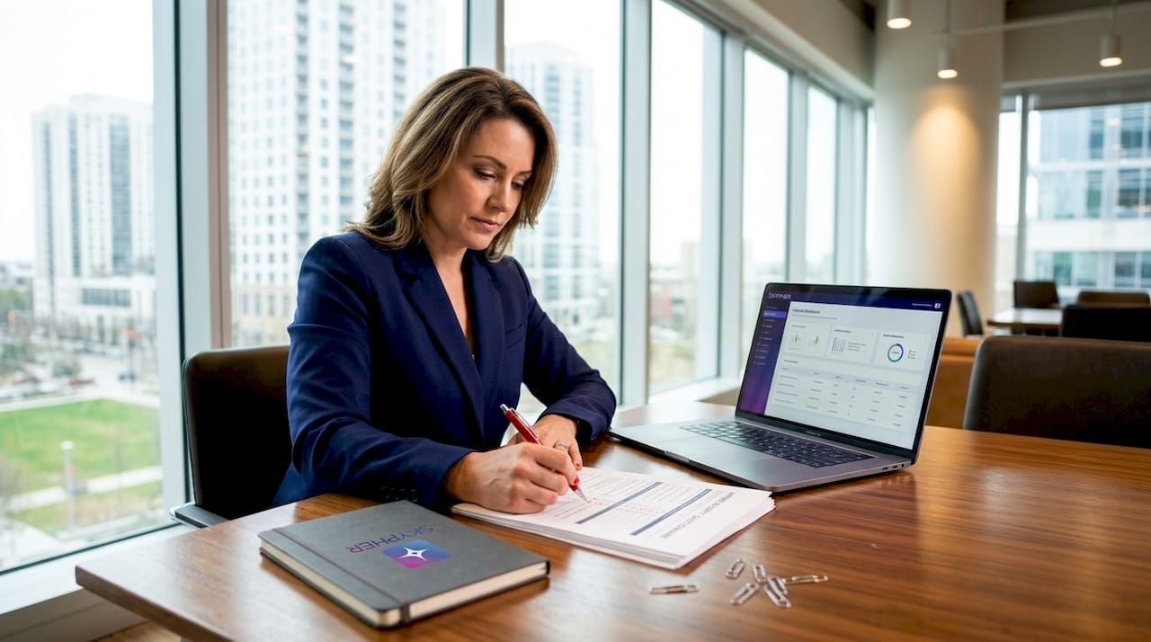 Manager reviewing vendor risk assessments at workspace