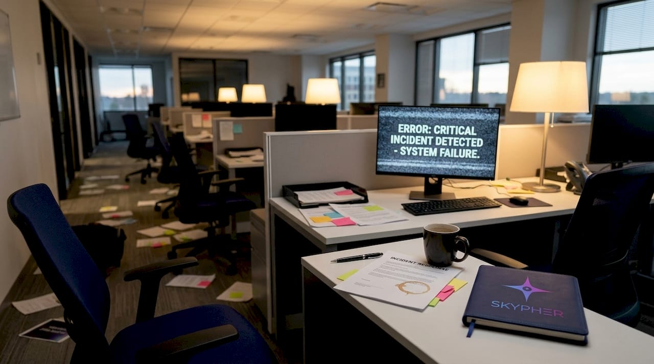 Messy office scene after business incident