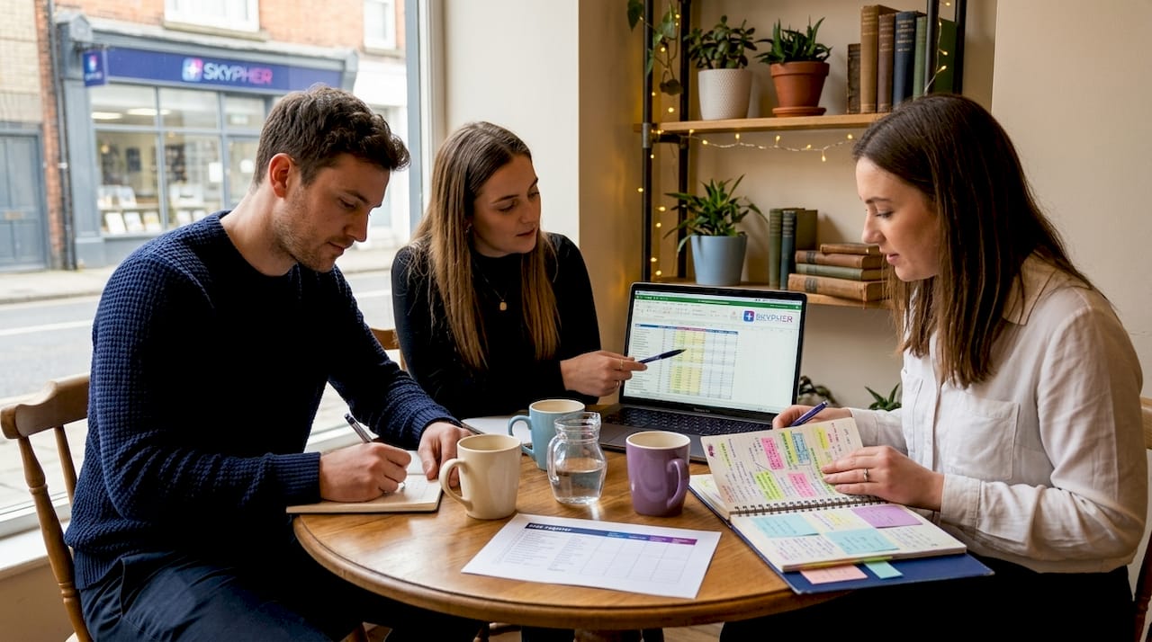 Team updating printed risk register together