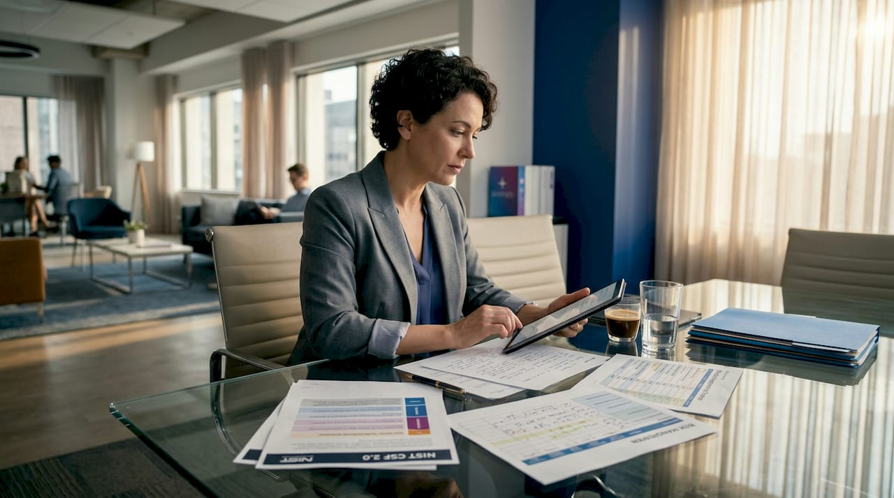Cybersecurity manager reviewing framework papers