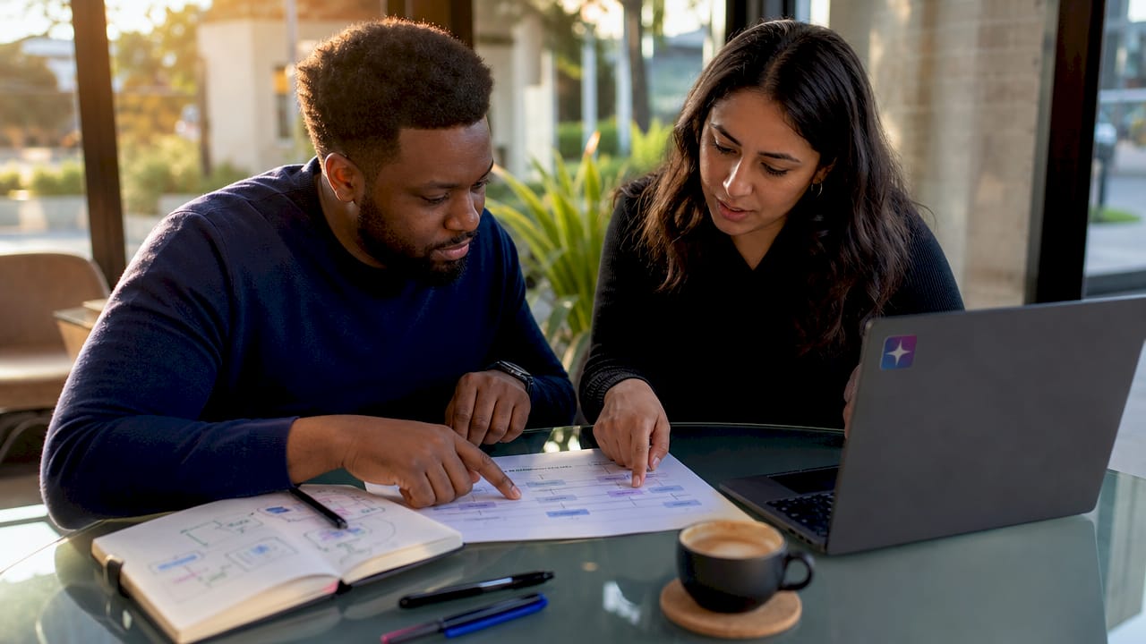 Developers reviewing printed threat model summary
