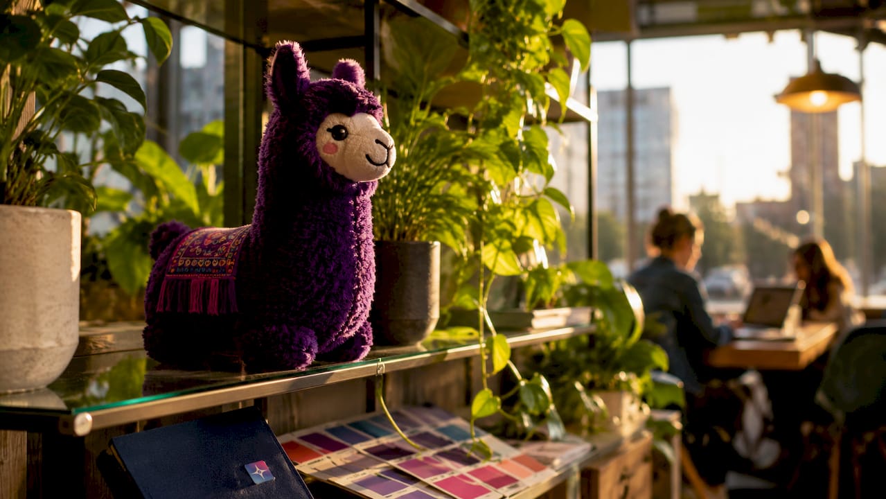 Purple llama Ilma mascot displayed on wooden shelf