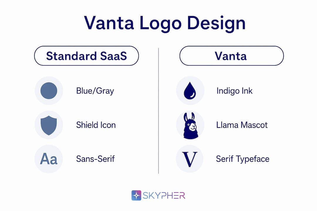 Infographic comparing Vanta logo design to typical SaaS branding